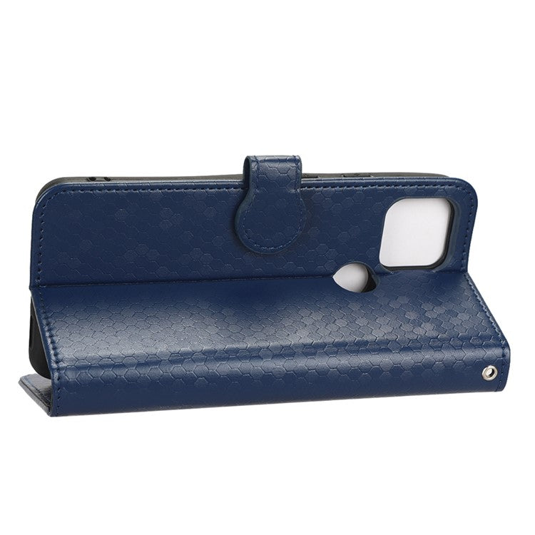 For Google Pixel 5a 5G Dot Pattern Imprinted PU Leather Case Flip Stand Wallet Cover with Wrist Strap - Dark Blue