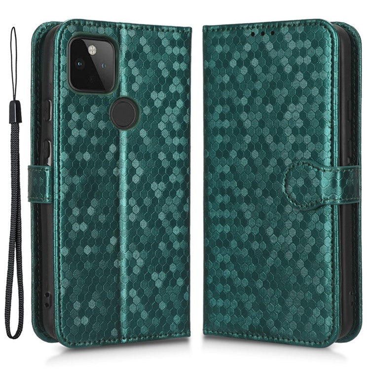 For Google Pixel 5a 5G Dot Pattern Imprinted PU Leather Case Flip Stand Wallet Cover with Wrist Strap - Green