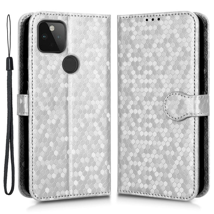 For Google Pixel 5a 5G Dot Pattern Imprinted PU Leather Case Flip Stand Wallet Cover with Wrist Strap - Silver