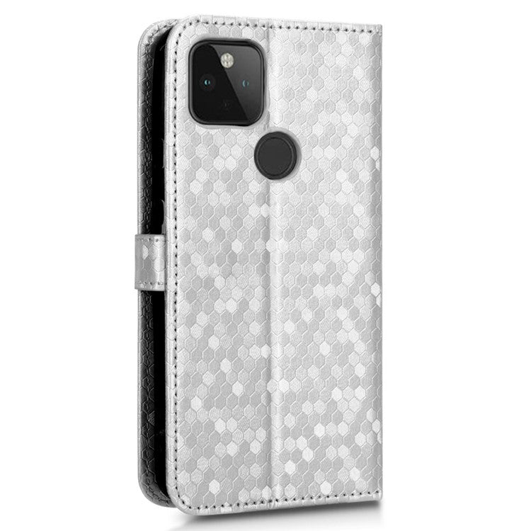 For Google Pixel 5a 5G Dot Pattern Imprinted PU Leather Case Flip Stand Wallet Cover with Wrist Strap - Silver