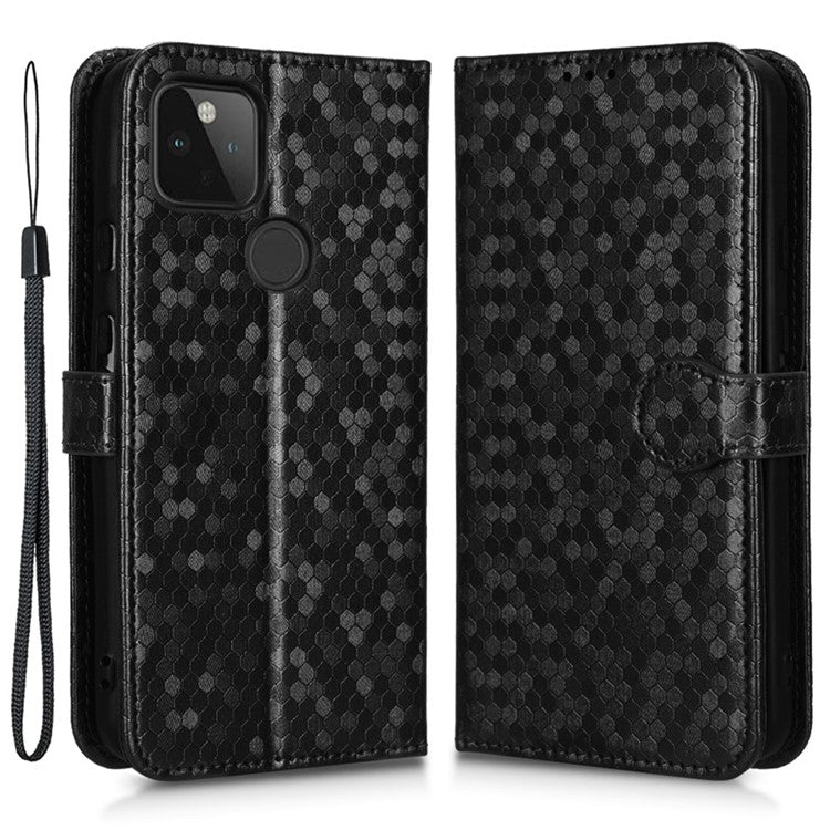 For Google Pixel 5a 5G Dot Pattern Imprinted PU Leather Case Flip Stand Wallet Cover with Wrist Strap - Black