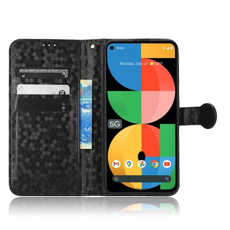 For Google Pixel 5a 5G Dot Pattern Imprinted PU Leather Case Flip Stand Wallet Cover with Wrist Strap - Black