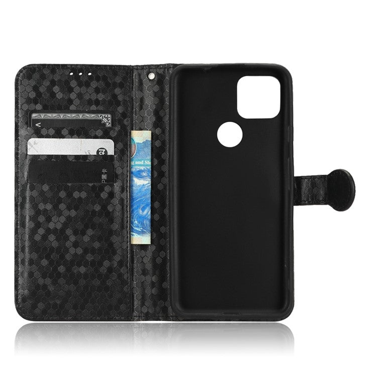 For Google Pixel 5a 5G Dot Pattern Imprinted PU Leather Case Flip Stand Wallet Cover with Wrist Strap - Black