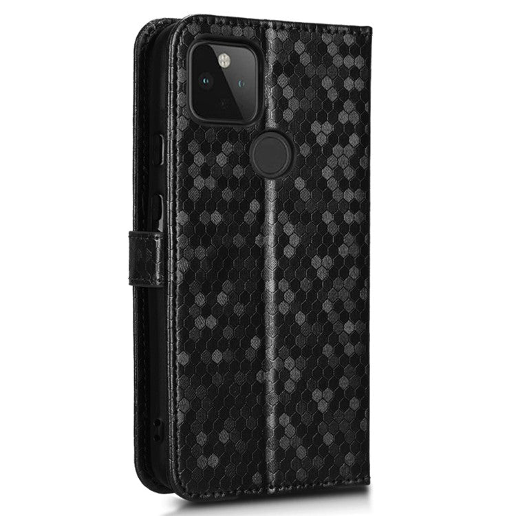 For Google Pixel 5a 5G Dot Pattern Imprinted PU Leather Case Flip Stand Wallet Cover with Wrist Strap - Black