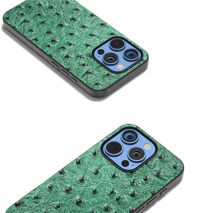 ABEEL For iPhone 16 Pro Case Ostrich Texture Genuine Cow Leather Back Phone Cover - Green