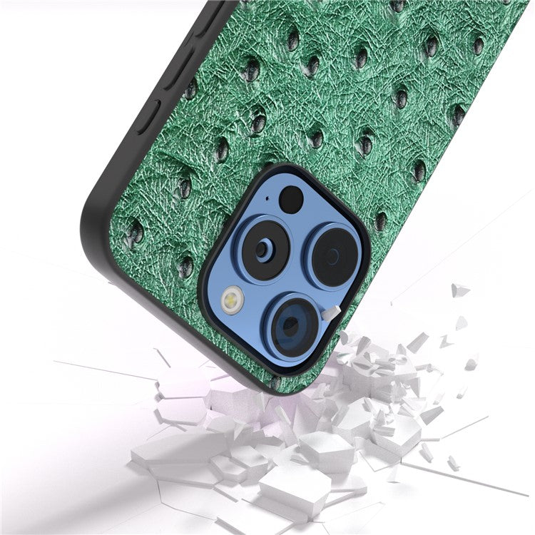 ABEEL For iPhone 16 Pro Case Ostrich Texture Genuine Cow Leather Back Phone Cover - Green