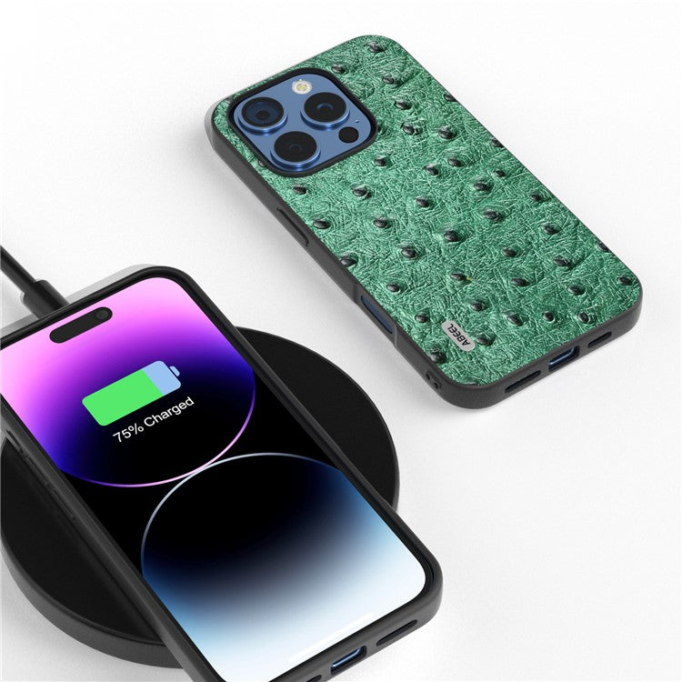 ABEEL For iPhone 16 Pro Case Ostrich Texture Genuine Cow Leather Back Phone Cover - Green