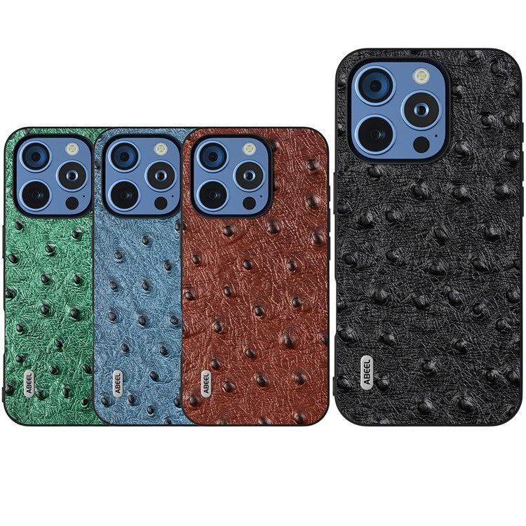 ABEEL For iPhone 16 Pro Case Ostrich Texture Genuine Cow Leather Back Phone Cover - Green