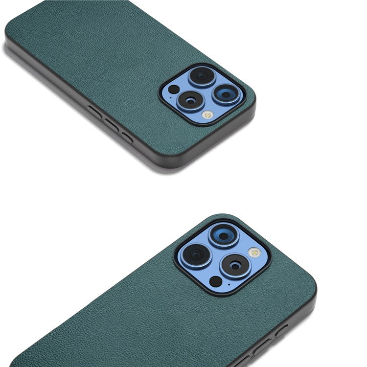 ABEEL For iPhone 16 Pro Case Genuine Cow Leather Coated PC+TPU Phone Cover - Midnight Green