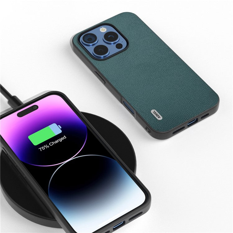 ABEEL For iPhone 16 Pro Case Genuine Cow Leather Coated PC+TPU Phone Cover - Midnight Green