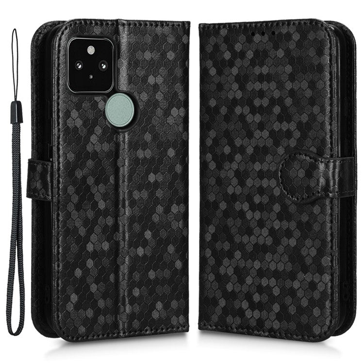For Google Pixel 5 Dot Pattern Imprinted PU Leather Flip Phone Case Magnetic Clasp Wallet Stand Function Shockproof Cover with Strap - Black