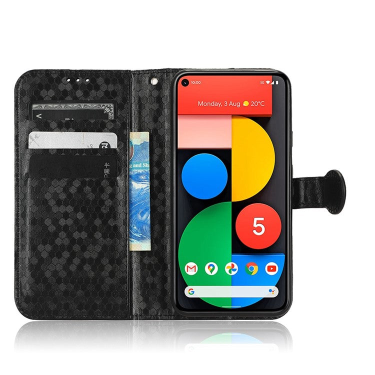 For Google Pixel 5 Dot Pattern Imprinted PU Leather Flip Phone Case Magnetic Clasp Wallet Stand Function Shockproof Cover with Strap - Black