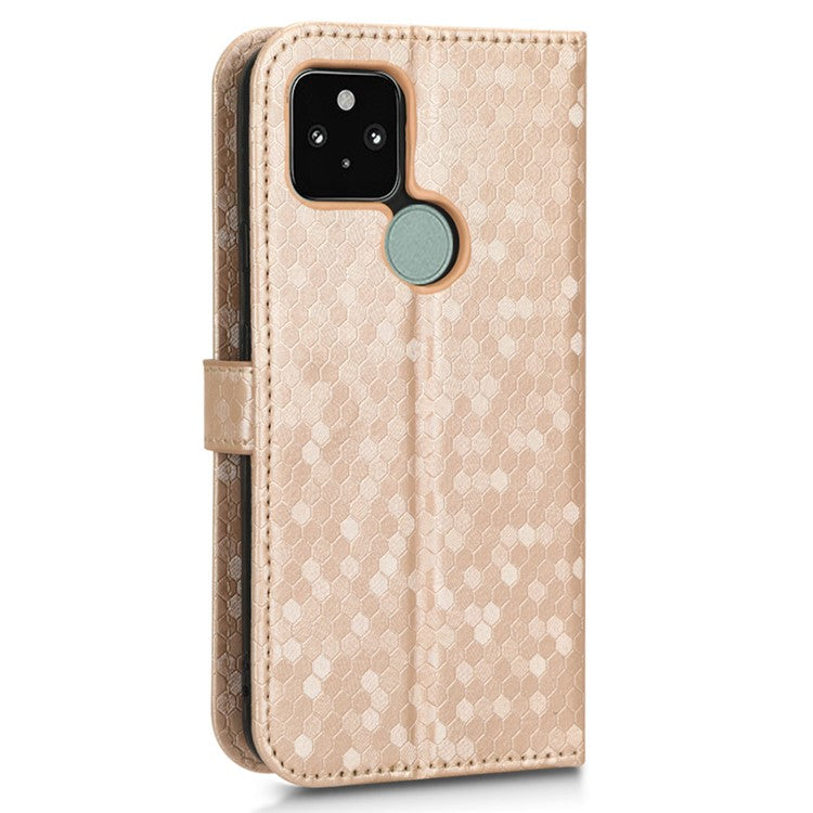 For Google Pixel 5 Dot Pattern Imprinted PU Leather Flip Phone Case Magnetic Clasp Wallet Stand Function Shockproof Cover with Strap - Rose Gold