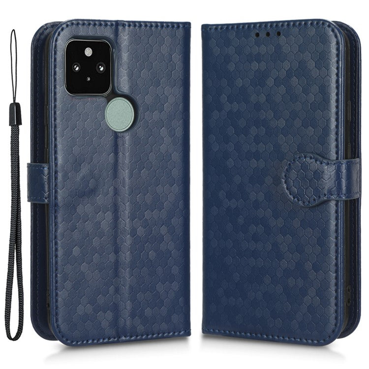 For Google Pixel 5 Dot Pattern Imprinted PU Leather Flip Phone Case Magnetic Clasp Wallet Stand Function Shockproof Cover with Strap - Dark Blue
