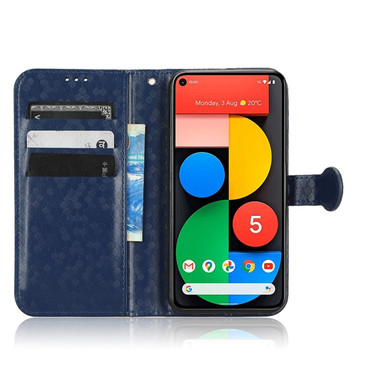 For Google Pixel 5 Dot Pattern Imprinted PU Leather Flip Phone Case Magnetic Clasp Wallet Stand Function Shockproof Cover with Strap - Dark Blue