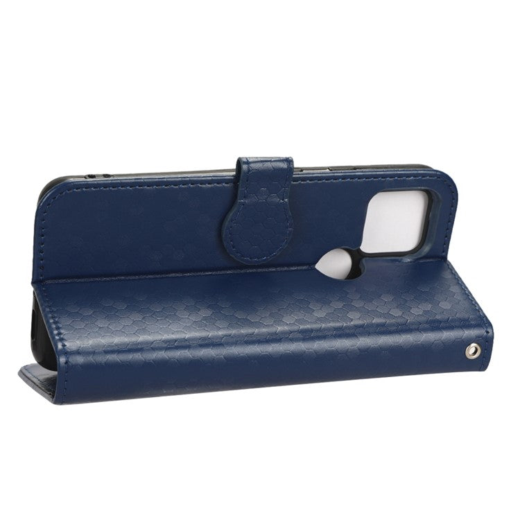 For Google Pixel 5 Dot Pattern Imprinted PU Leather Flip Phone Case Magnetic Clasp Wallet Stand Function Shockproof Cover with Strap - Dark Blue