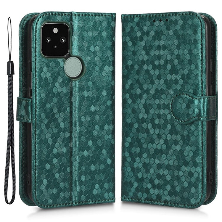 For Google Pixel 5 Dot Pattern Imprinted PU Leather Flip Phone Case Magnetic Clasp Wallet Stand Function Shockproof Cover with Strap - Green