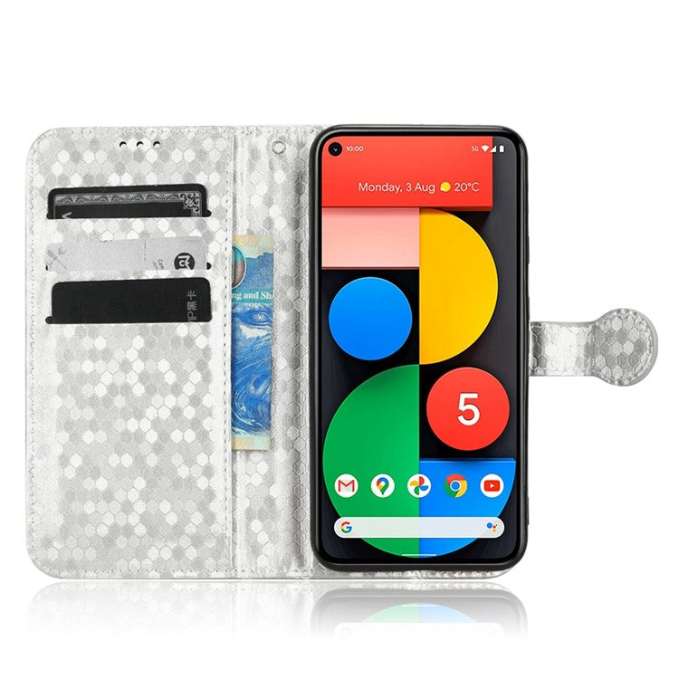 For Google Pixel 5 Dot Pattern Imprinted PU Leather Flip Phone Case Magnetic Clasp Wallet Stand Function Shockproof Cover with Strap - Silver