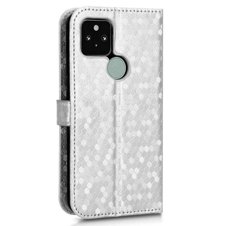 For Google Pixel 5 Dot Pattern Imprinted PU Leather Flip Phone Case Magnetic Clasp Wallet Stand Function Shockproof Cover with Strap - Silver