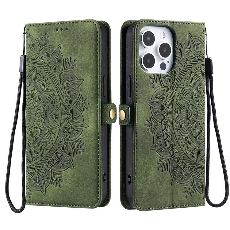 Style 016 For iPhone 16 Pro Case Skin Feel Totem Imprinted Wallet Leather Phone Cover - Blackish Green