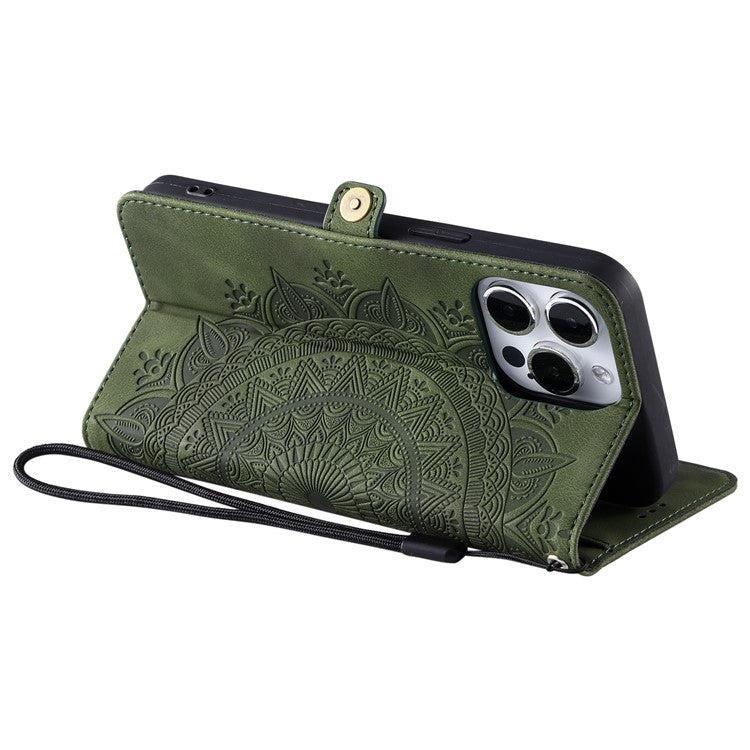 Style 016 For iPhone 16 Pro Case Skin Feel Totem Imprinted Wallet Leather Phone Cover - Blackish Green