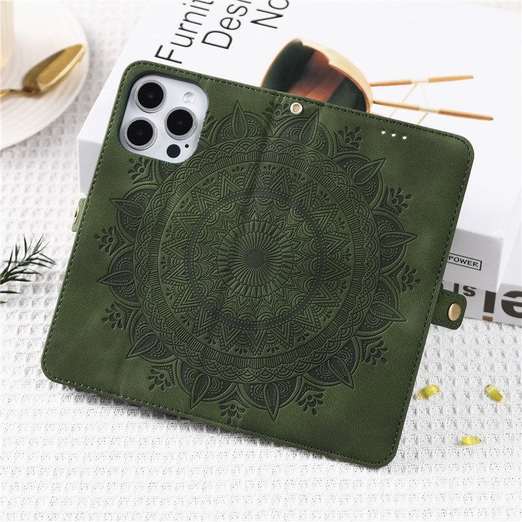 Style 016 For iPhone 16 Pro Case Skin Feel Totem Imprinted Wallet Leather Phone Cover - Blackish Green