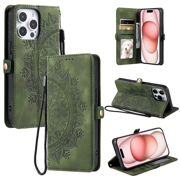 Style 016 For iPhone 16 Pro Case Skin Feel Totem Imprinted Wallet Leather Phone Cover - Blackish Green