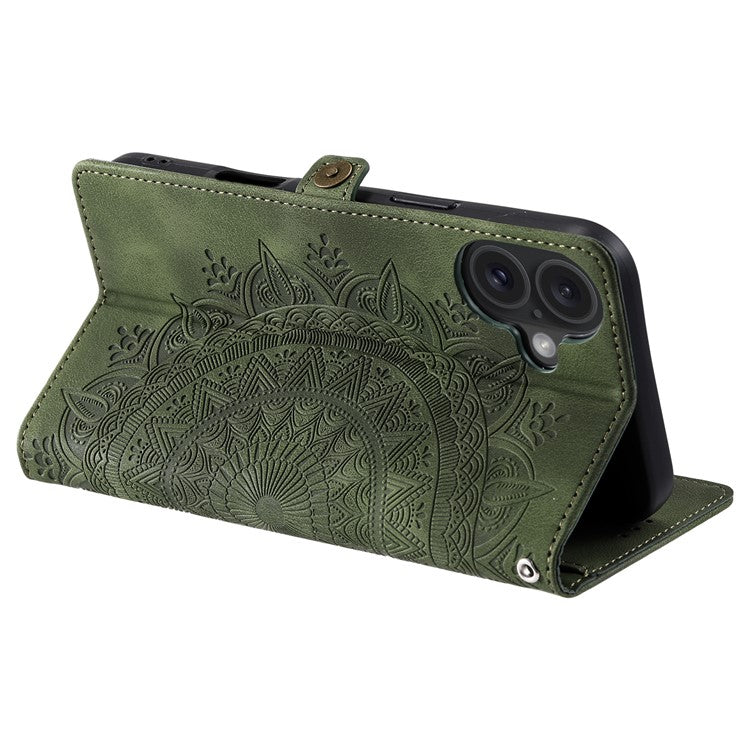 Style 016 For iPhone 16 Case Skin Feel Totem Imprinted Wallet Leather Phone Cover - Blackish Green