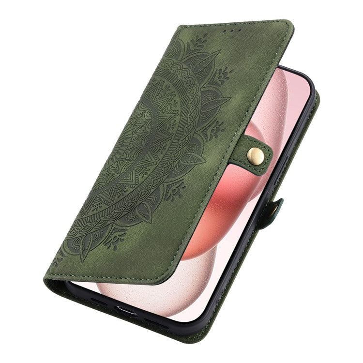 Style 016 For iPhone 16 Case Skin Feel Totem Imprinted Wallet Leather Phone Cover - Blackish Green