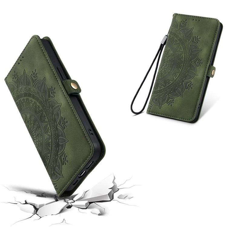 Style 016 For iPhone 16 Case Skin Feel Totem Imprinted Wallet Leather Phone Cover - Blackish Green