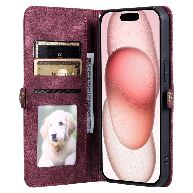 Style 016 For iPhone 16 Case Skin Feel Totem Imprinted Wallet Leather Phone Cover - Wine Red