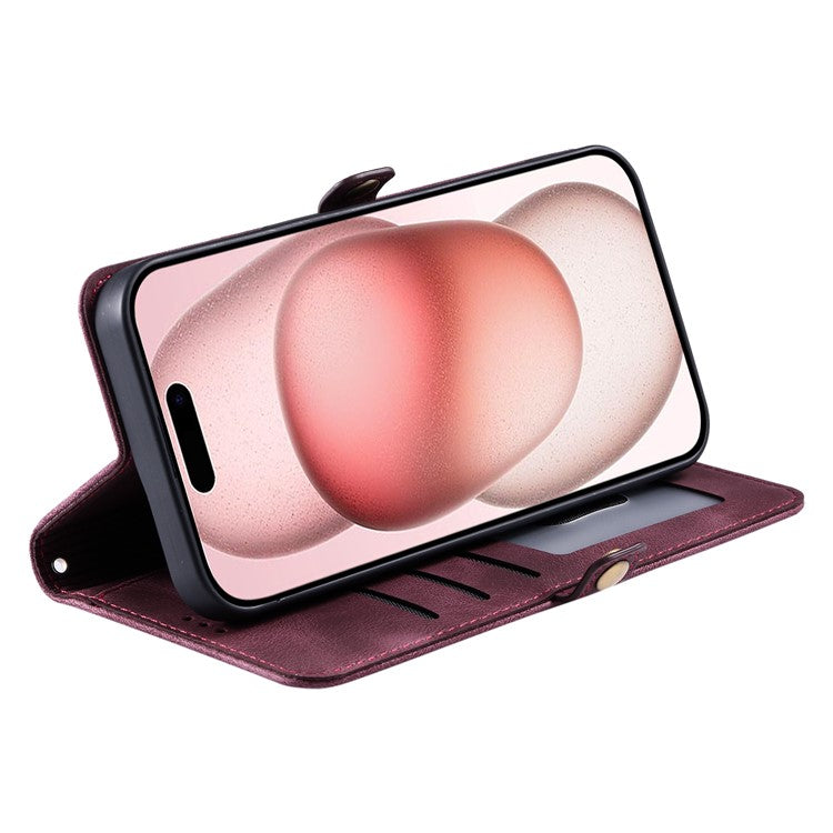 Style 016 For iPhone 16 Case Skin Feel Totem Imprinted Wallet Leather Phone Cover - Wine Red