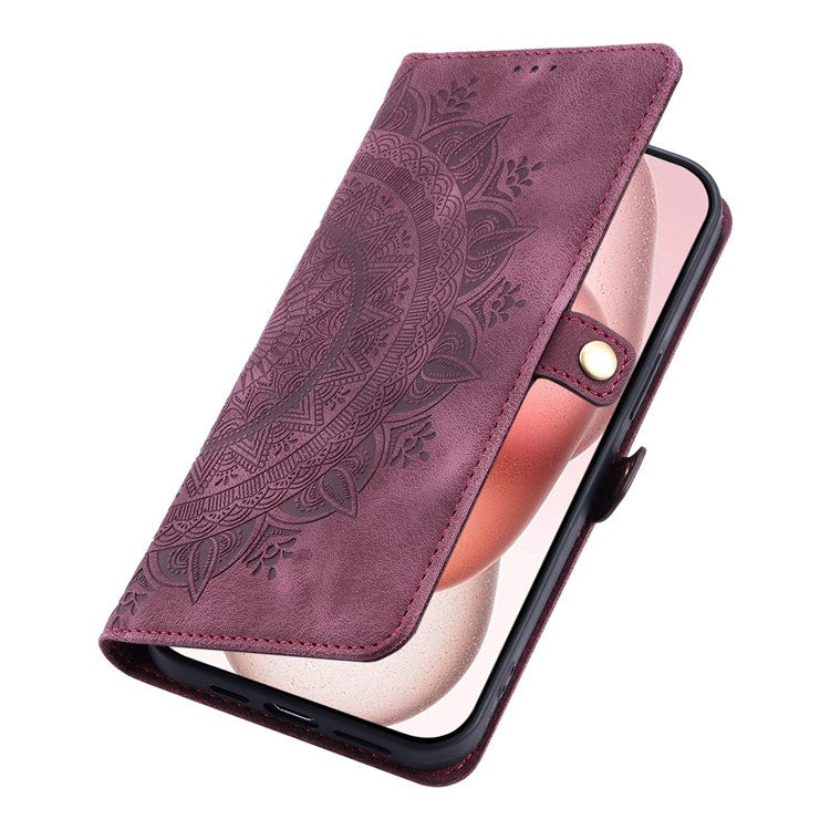 Style 016 For iPhone 16 Case Skin Feel Totem Imprinted Wallet Leather Phone Cover - Wine Red