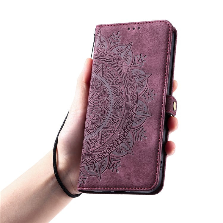 Style 016 For iPhone 16 Case Skin Feel Totem Imprinted Wallet Leather Phone Cover - Wine Red