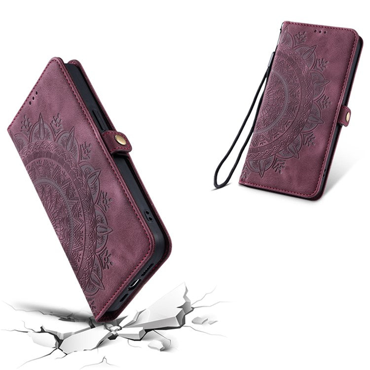 Style 016 For iPhone 16 Case Skin Feel Totem Imprinted Wallet Leather Phone Cover - Wine Red