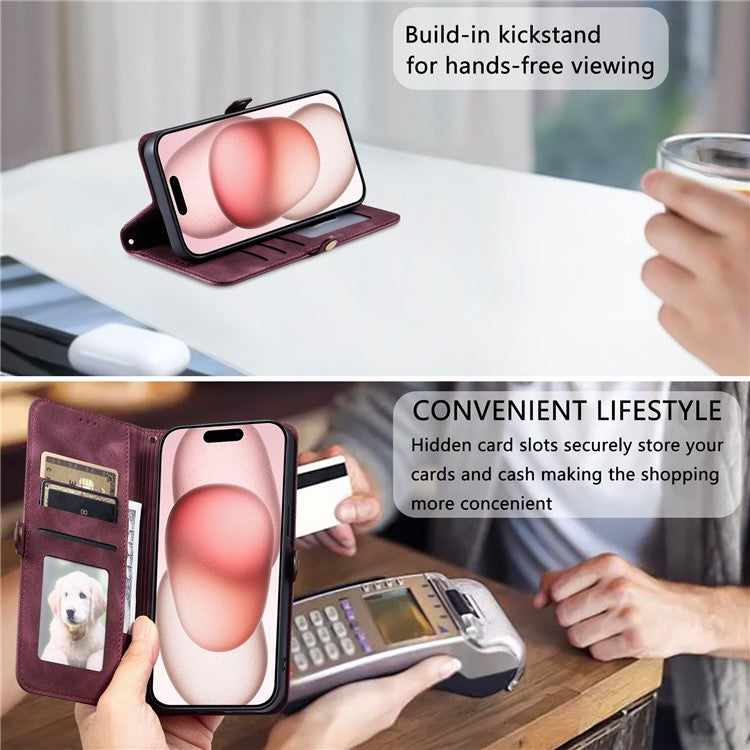 Style 016 For iPhone 16 Case Skin Feel Totem Imprinted Wallet Leather Phone Cover - Wine Red