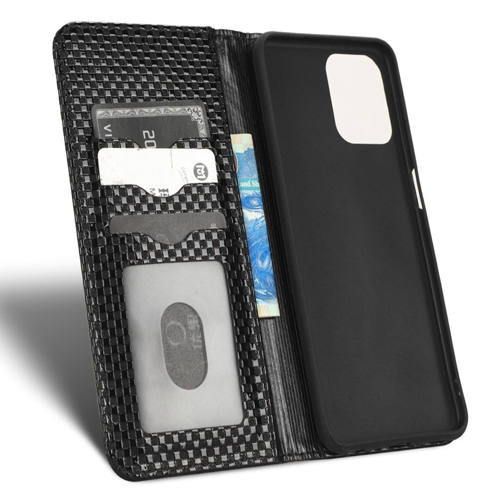 For Samsung Galaxy M53 5G PU Leather Wallet Case Magnetic Absorption Grid Texture Flip Folio Stand Phone Cover - Black