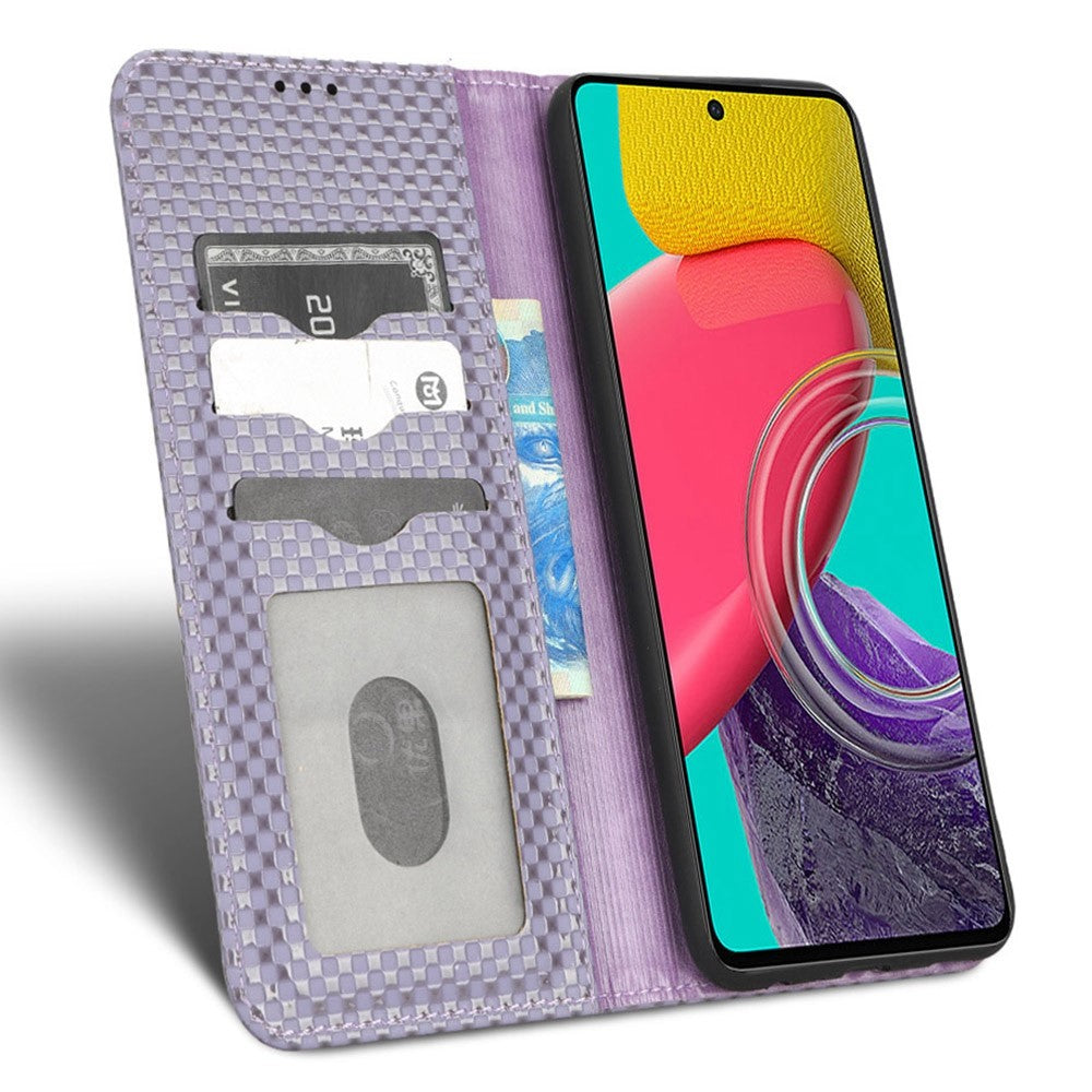 For Samsung Galaxy M53 5G PU Leather Wallet Case Magnetic Absorption Grid Texture Flip Folio Stand Phone Cover - Light Purple