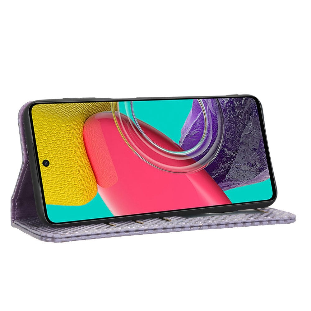 For Samsung Galaxy M53 5G PU Leather Wallet Case Magnetic Absorption Grid Texture Flip Folio Stand Phone Cover - Light Purple