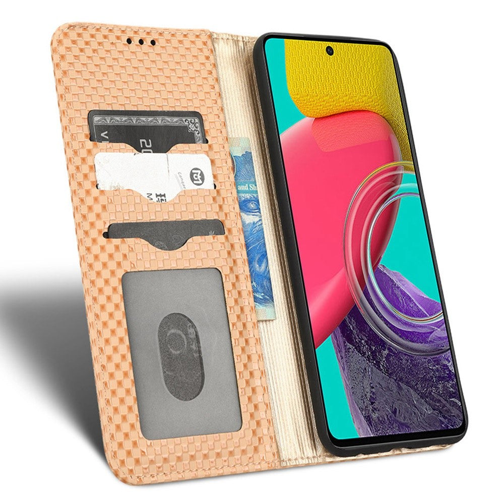 For Samsung Galaxy M53 5G PU Leather Wallet Case Magnetic Absorption Grid Texture Flip Folio Stand Phone Cover - Beige
