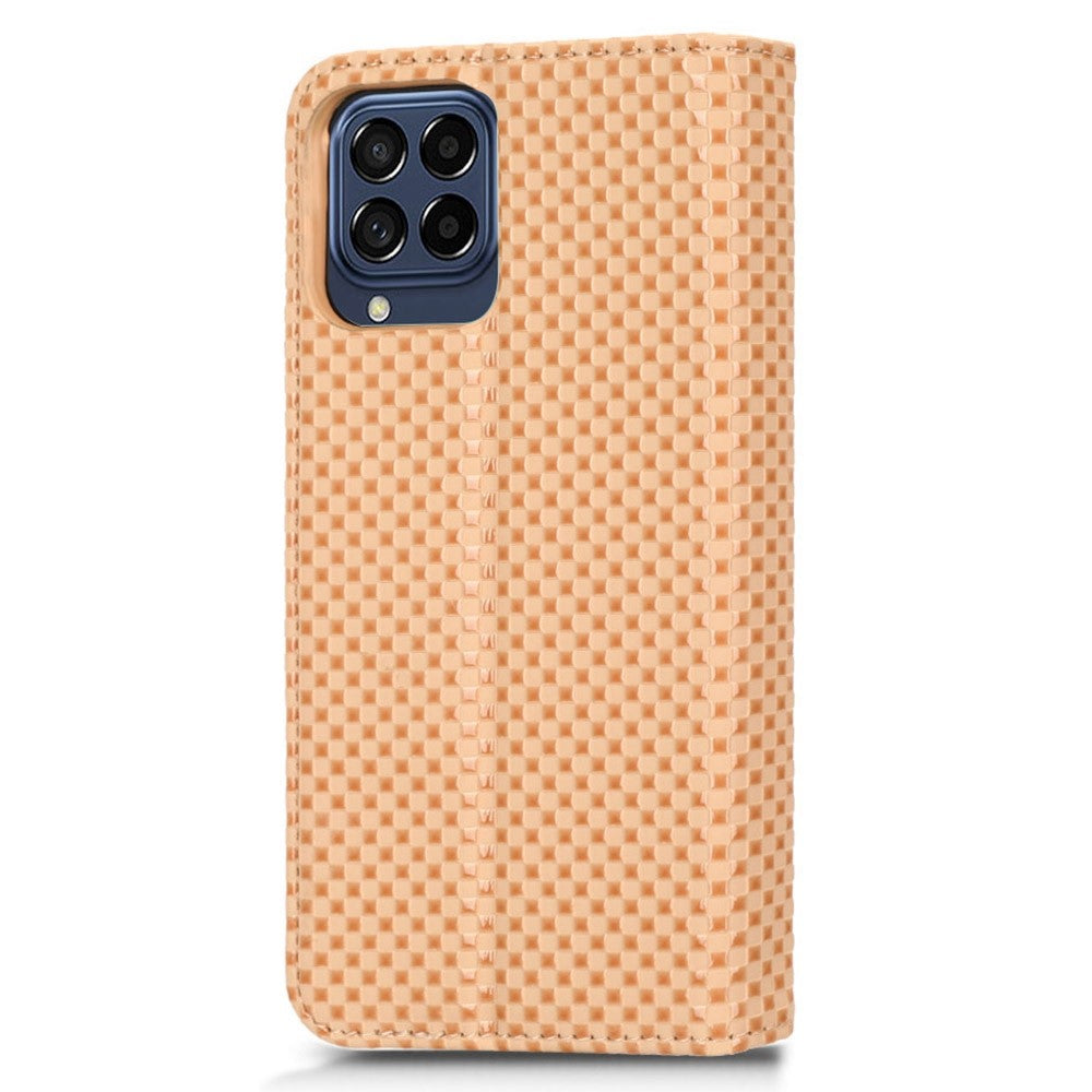 For Samsung Galaxy M53 5G PU Leather Wallet Case Magnetic Absorption Grid Texture Flip Folio Stand Phone Cover - Beige
