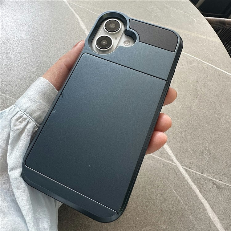 For iPhone 16 Case with Sliding Card Holder PC+TPU Phone Back Cover - Blue