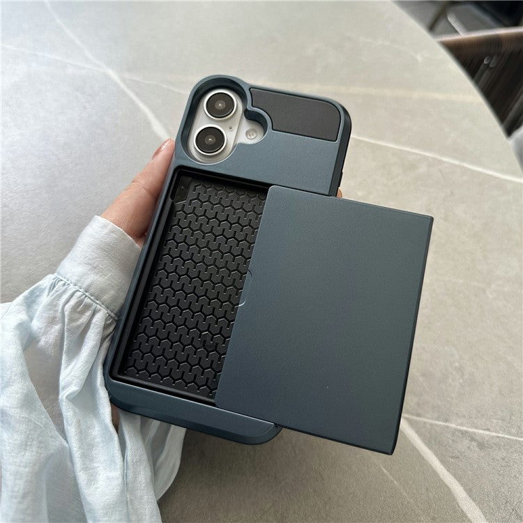 For iPhone 16 Case with Sliding Card Holder PC+TPU Phone Back Cover - Blue