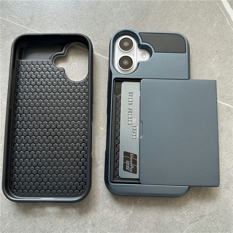 For iPhone 16 Case with Sliding Card Holder PC+TPU Phone Back Cover - Blue
