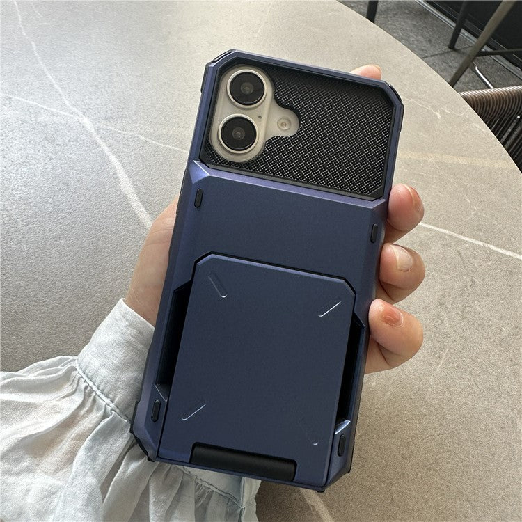For iPhone 16 Case PC+TPU Dual Layer Back Phone Cover with Card Holder - Blue