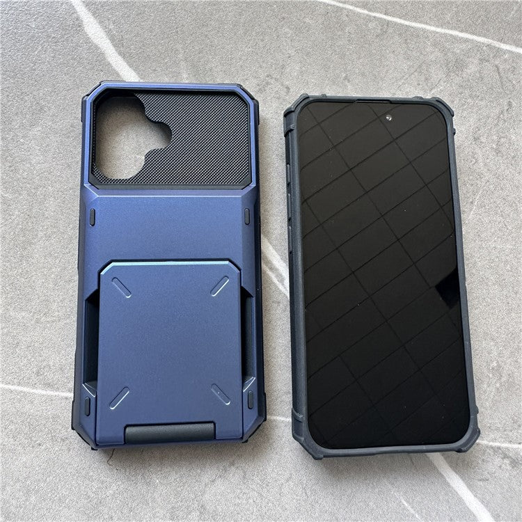 For iPhone 16 Case PC+TPU Dual Layer Back Phone Cover with Card Holder - Blue