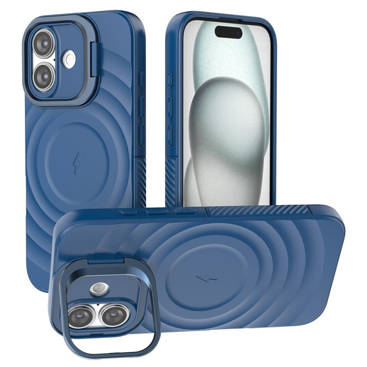 For iPhone 16 Magnetic Case PC Kickstand Ripple Texture TPU Phone Cover - Blue