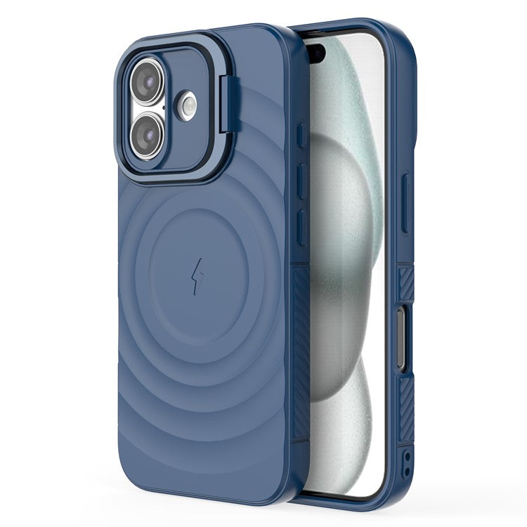 For iPhone 16 Magnetic Case PC Kickstand Ripple Texture TPU Phone Cover - Blue