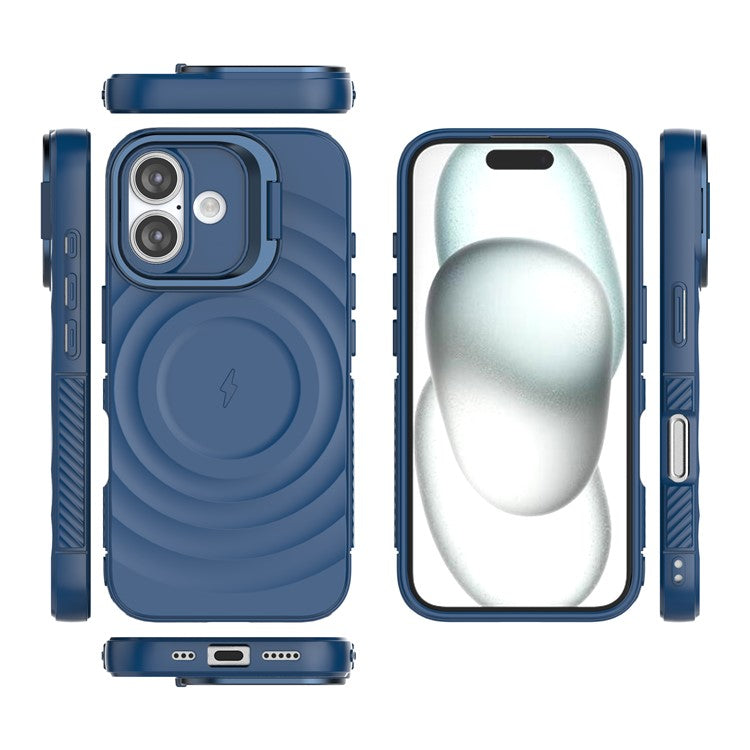 For iPhone 16 Magnetic Case PC Kickstand Ripple Texture TPU Phone Cover - Blue