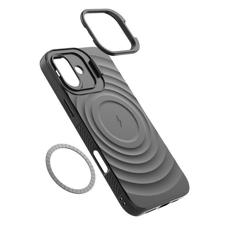 For iPhone 16 Magnetic Case PC Kickstand Ripple Texture TPU Phone Cover - Blue